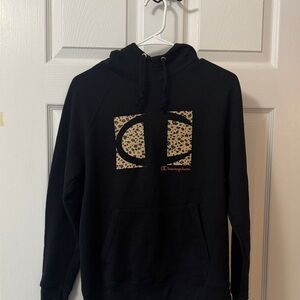 Champion Black Sweater with Leopard Print Logo